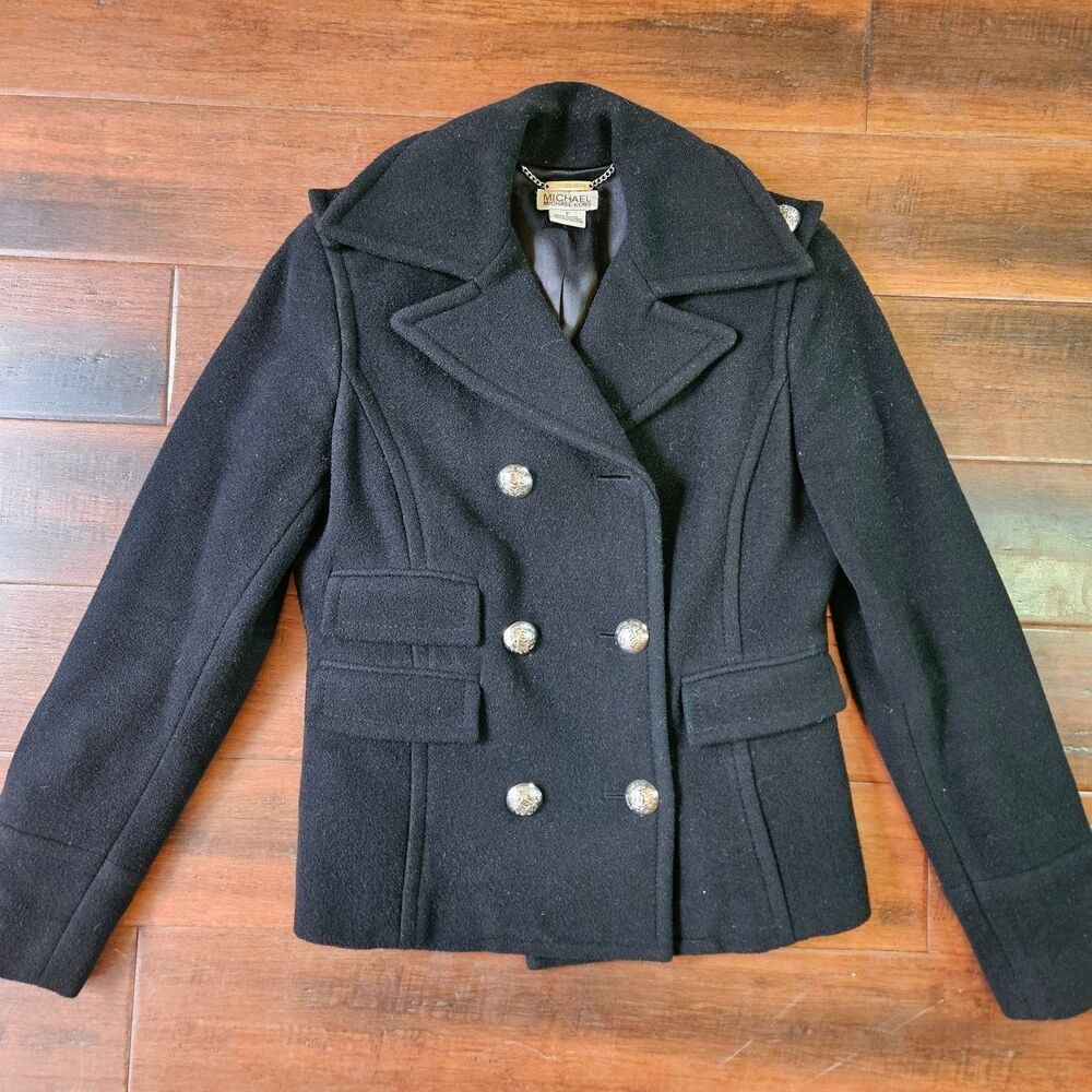 Michael Kors Women's Black Wool Blend Double Breasted Pea Coat Jacket Size S